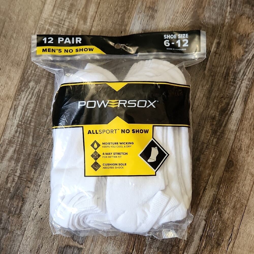 Powersox Men's No Show White Socks‎ 12 Pack Size 6-12 Wicking Cushion Sole